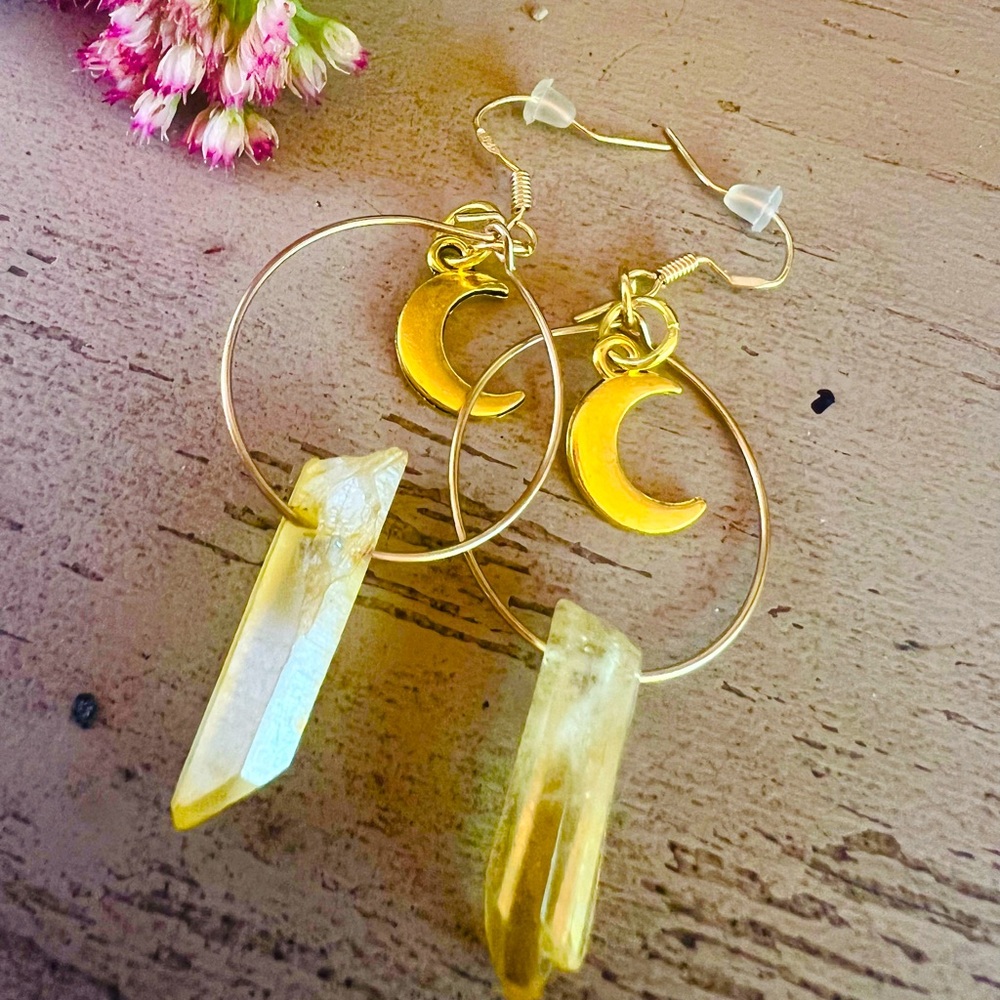 Gold Crescent Moon and Crystal Quartz Earrings Handmade